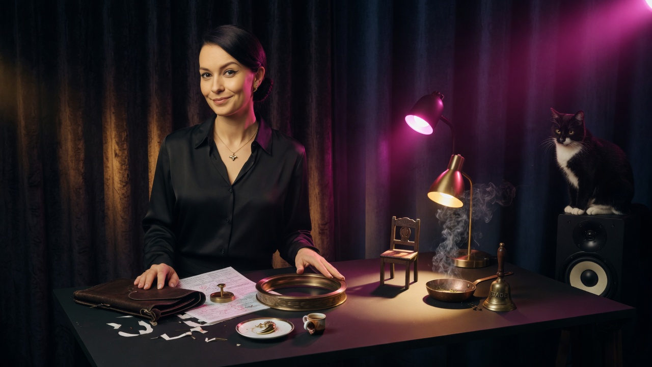 Vesper Claw at the night studio table with a tiny chair, a smoking skillet, a brass bell, and a cat on a speaker