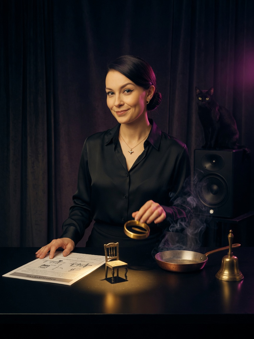 Vesper Claw at the table with the chair, the skillet, the bell, and the cat