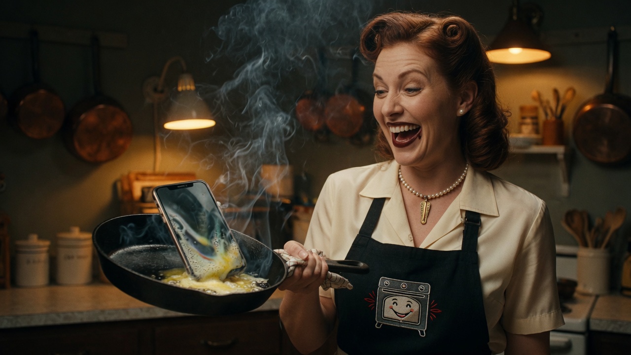 Chuddurr — Betty Grokr laughing while a phone fries in a skillet